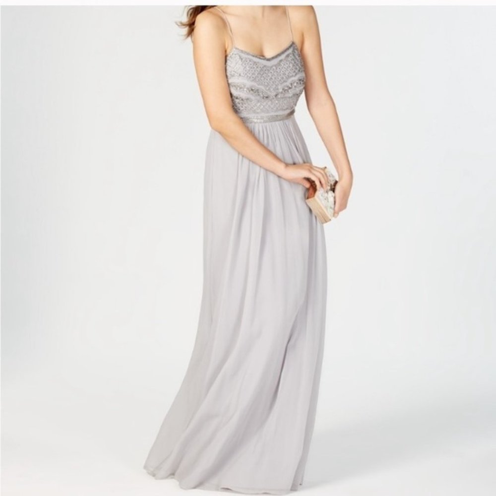 Adrianna Papell Silver Beaded Bodice Chiffon Gown